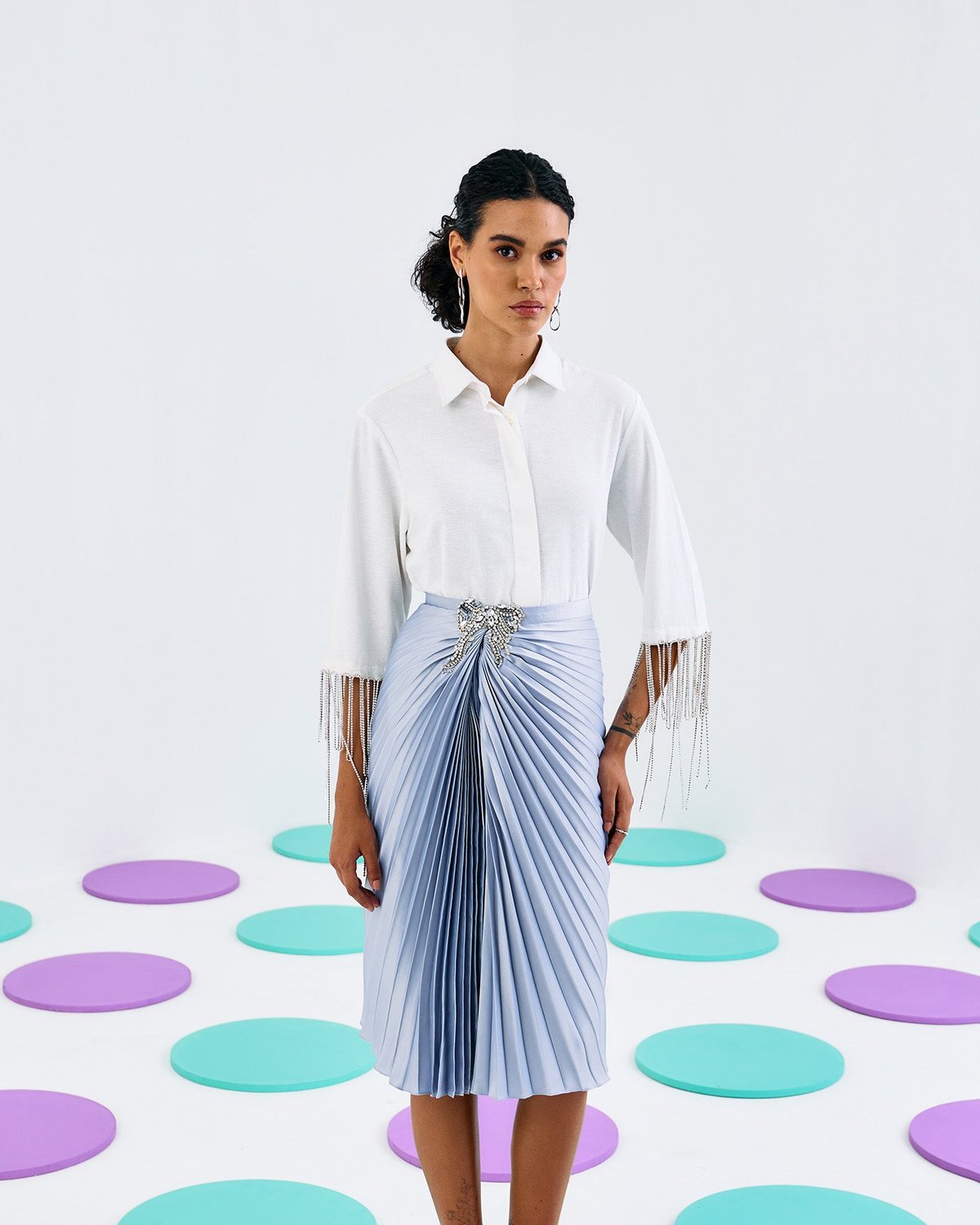 Silver Draped Pleated Midi Skirt with Rhinestone Brooch