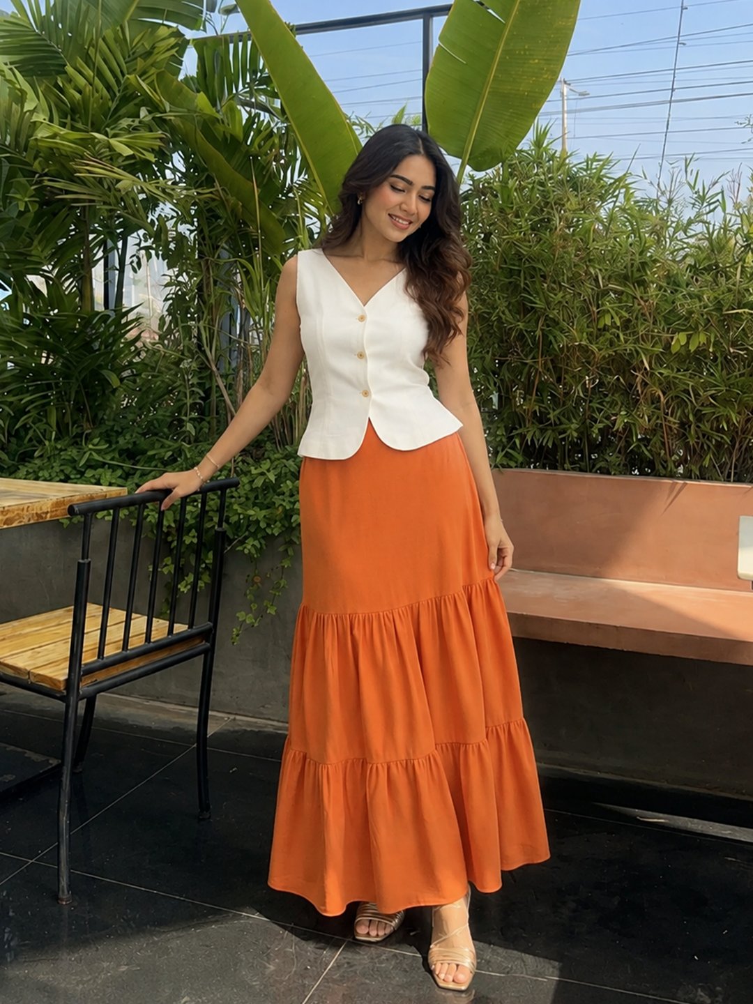 Cotton Linen Rust Tiered Maxi Skirt