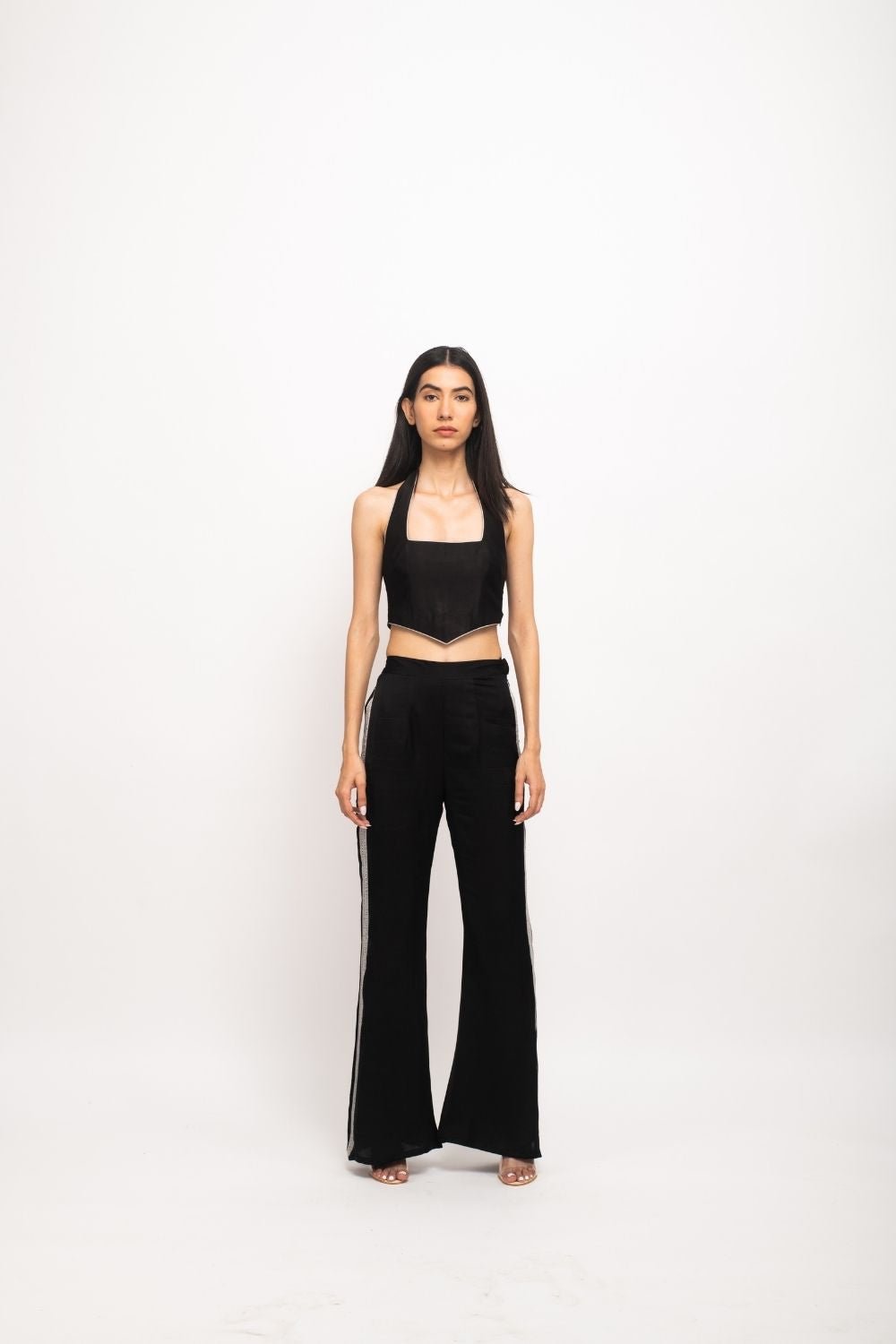 Black-Grey Halter Bustier and Ruched Pants Co-ord Set