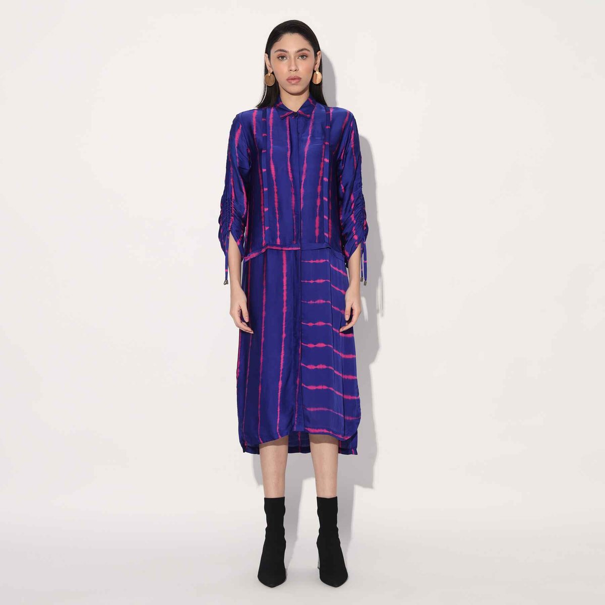 Pink/Purple Shibori Striped Satin Midi Shirtdress
