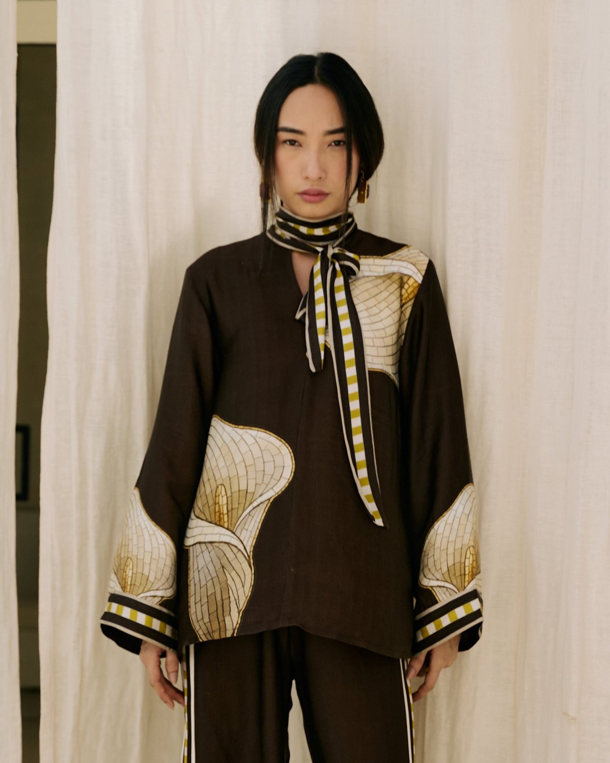 Brown Modal Satin Longline Printed Tie-Neck Top