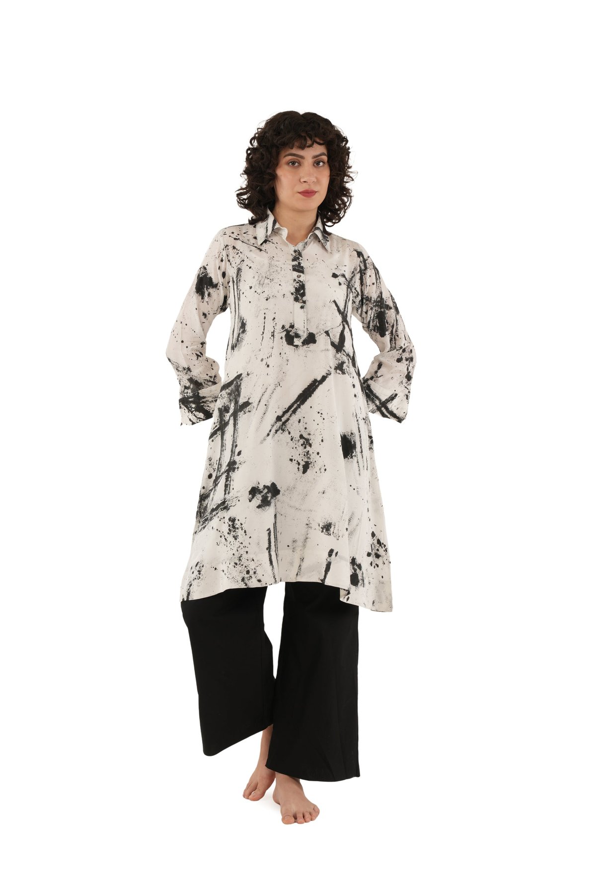 Black Silk Printed Shirt With Bottom