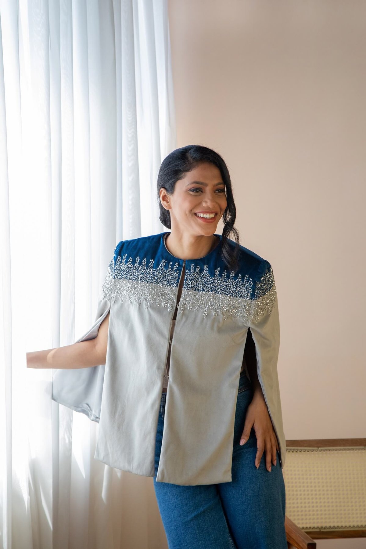 Blue Grey Velvet Embellished Cape