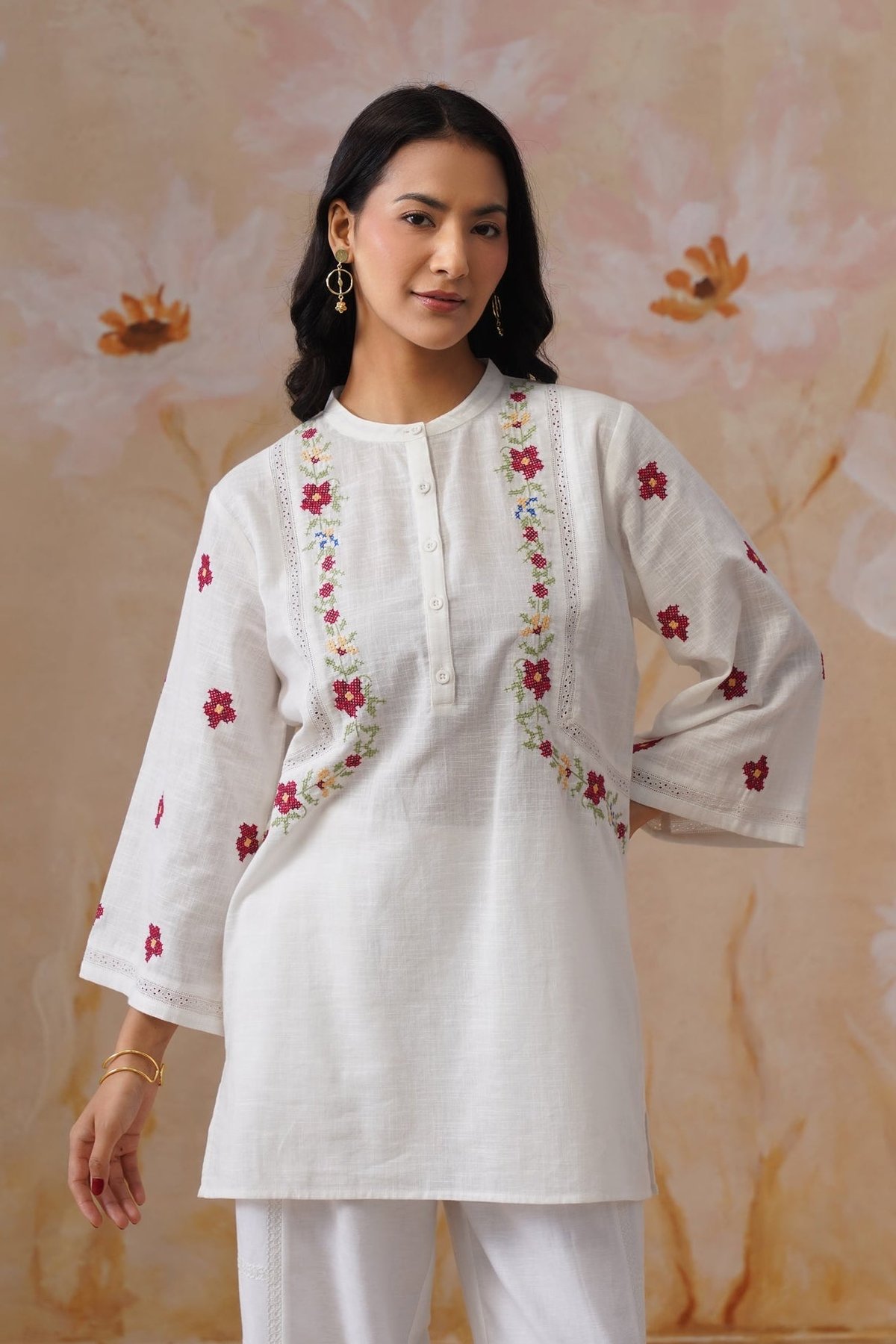 Floral Cross Stitch Embroidered Long Top
