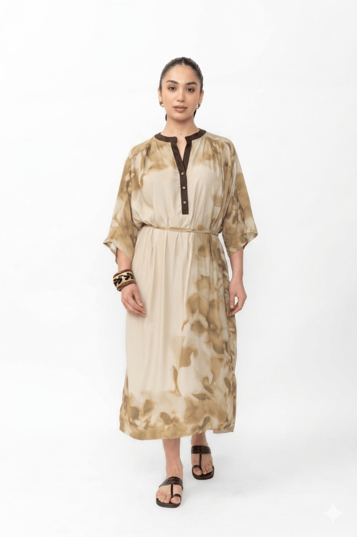 Beige Printed Belted Kimono Sleeve Midi Dress