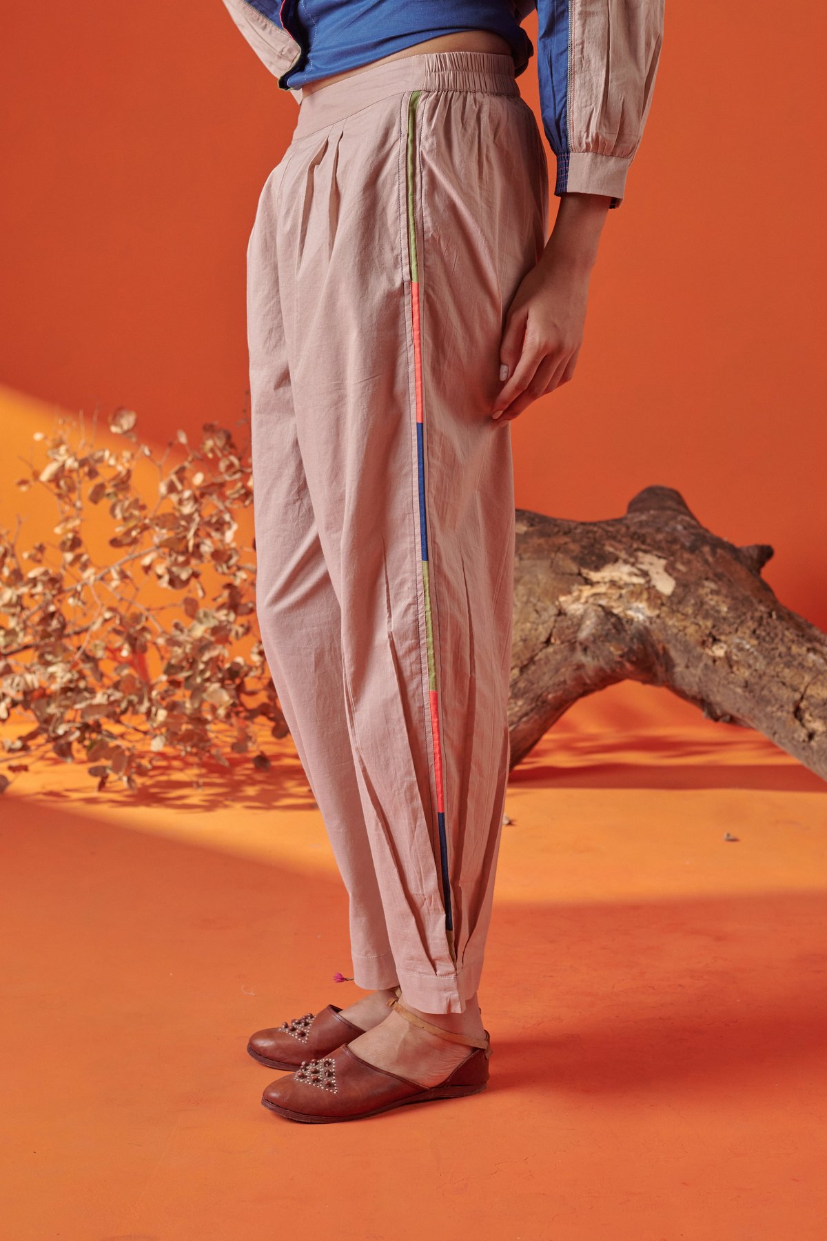 Beige Cotton Relaxed-Fit Tapered Pants with Side Piping