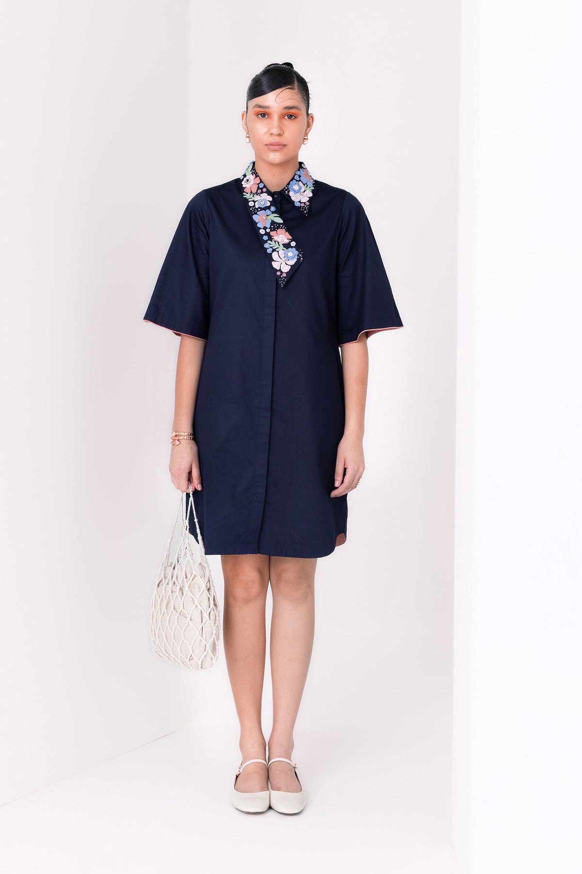 Navy Cotton Satin Mini Shirt Dress with Embroidered Collar