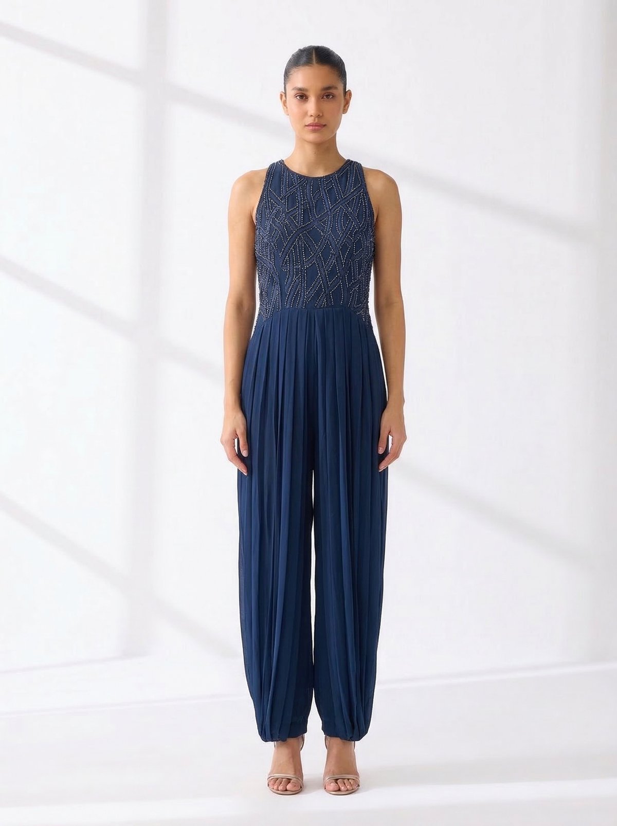 Navy High-Neck Embellished Pleated Jumpsuit