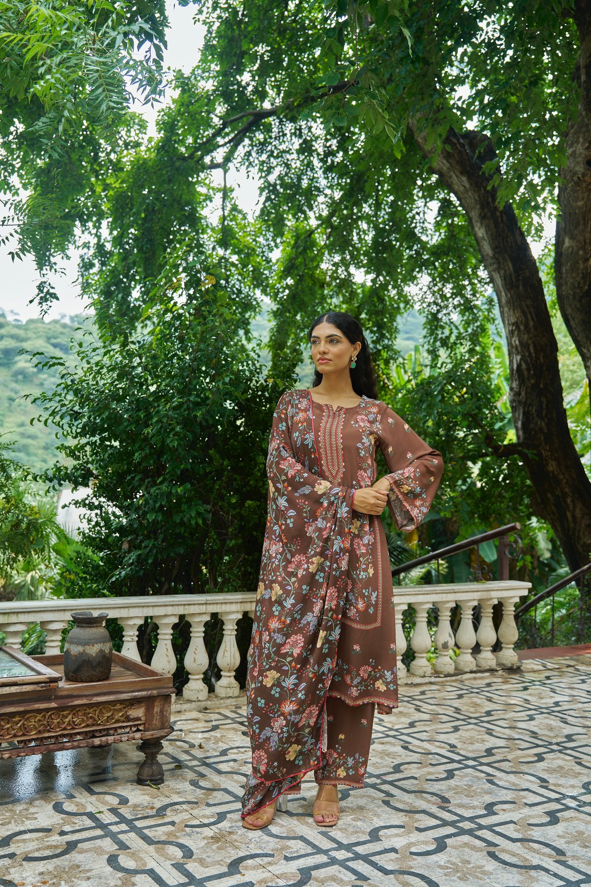 Brown Floral Printed Straight Kurta Set with Dupatta