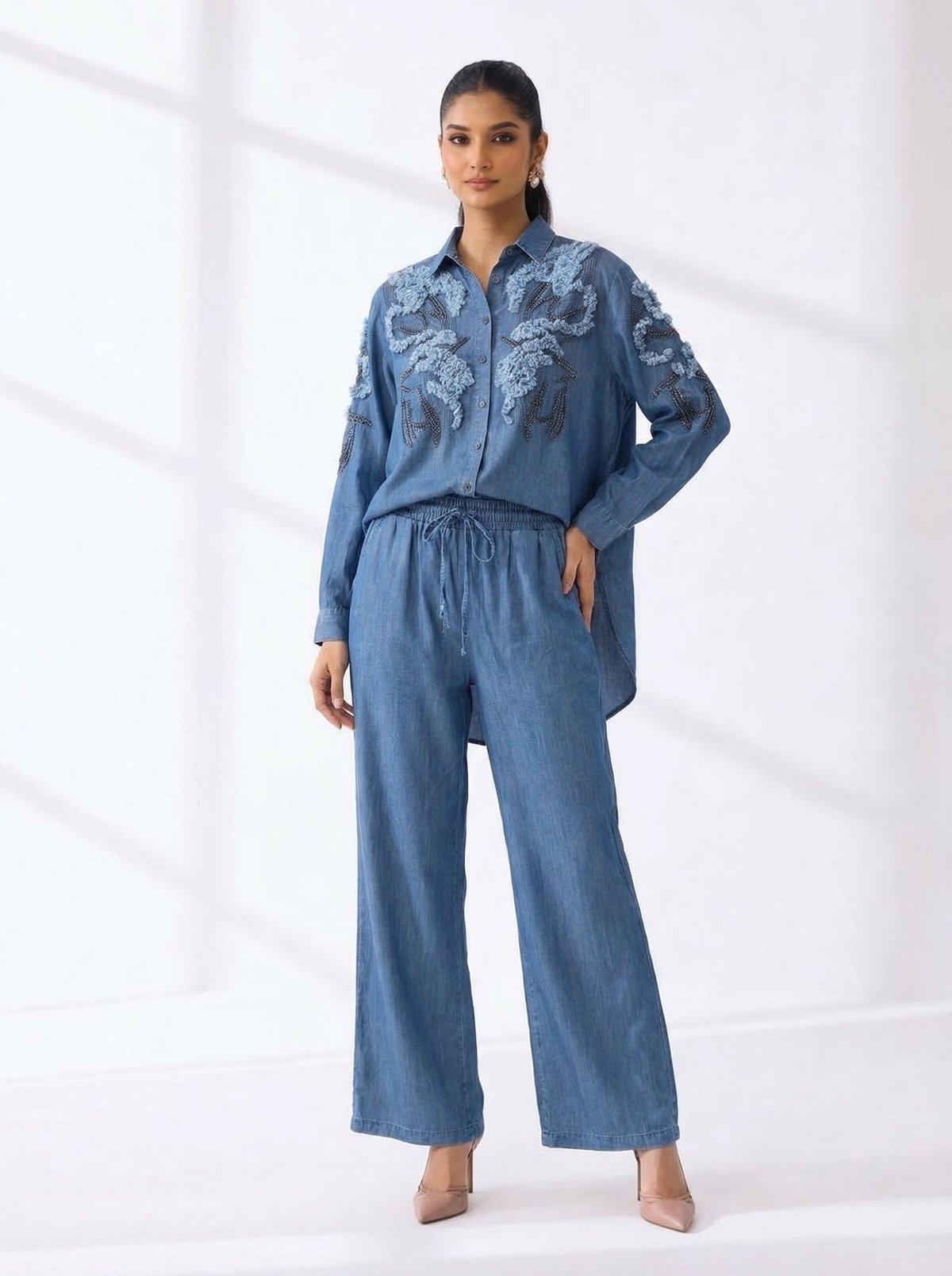 Blue Embroidered Shirt and Wide-Leg Pants Co-ord Set