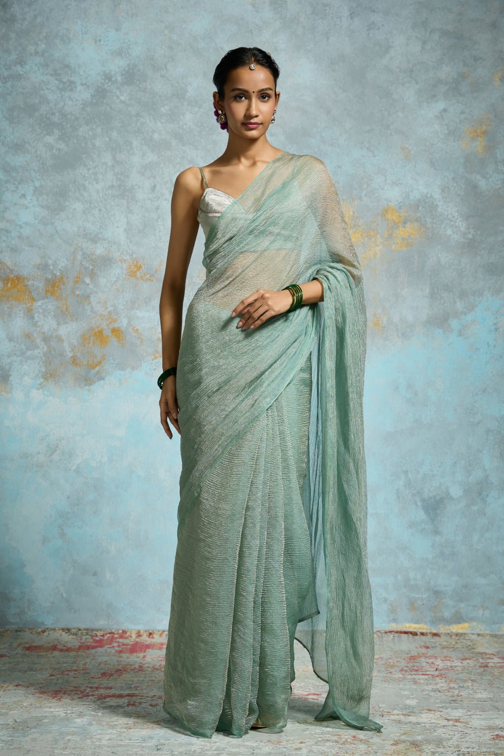 Aqua Crinkle Tissue Saree with Silver Sheen