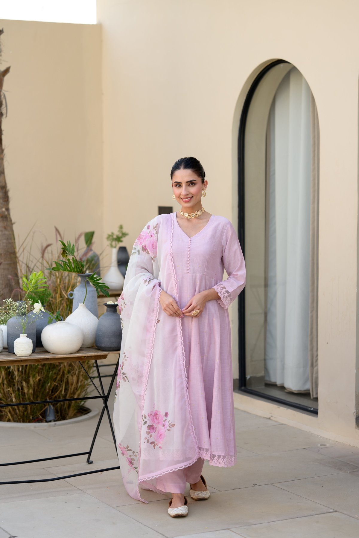 Lavender Mul Chanderi Anarkali Suit Set