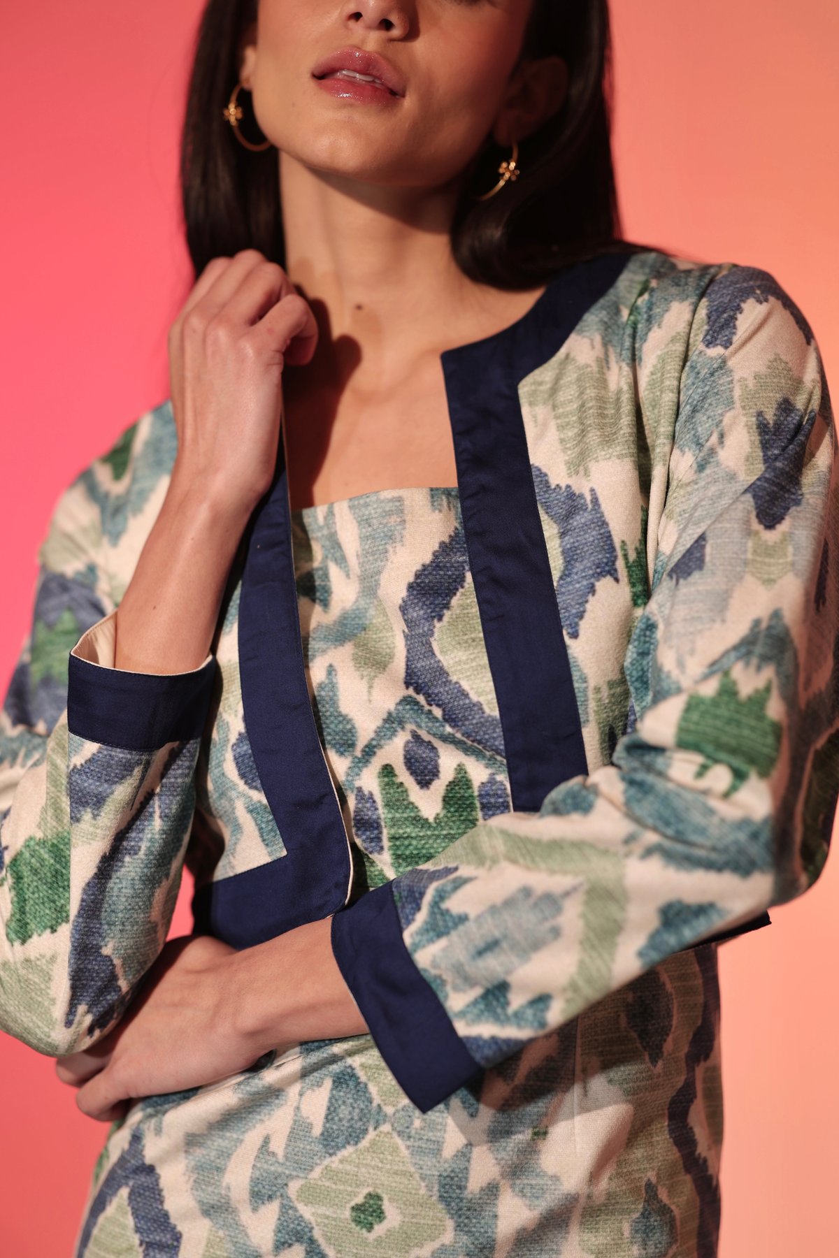 Blue Green Cream Printed Cropped Jacket with Navy Trim