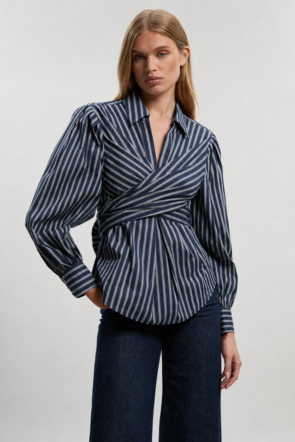 Navy Pinstripe Wrap Shirt with Back Bow Tie