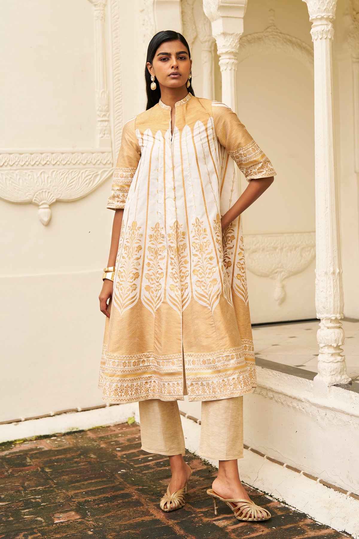 Beige Linen Silk Straight-Leg Drawstring Trousers