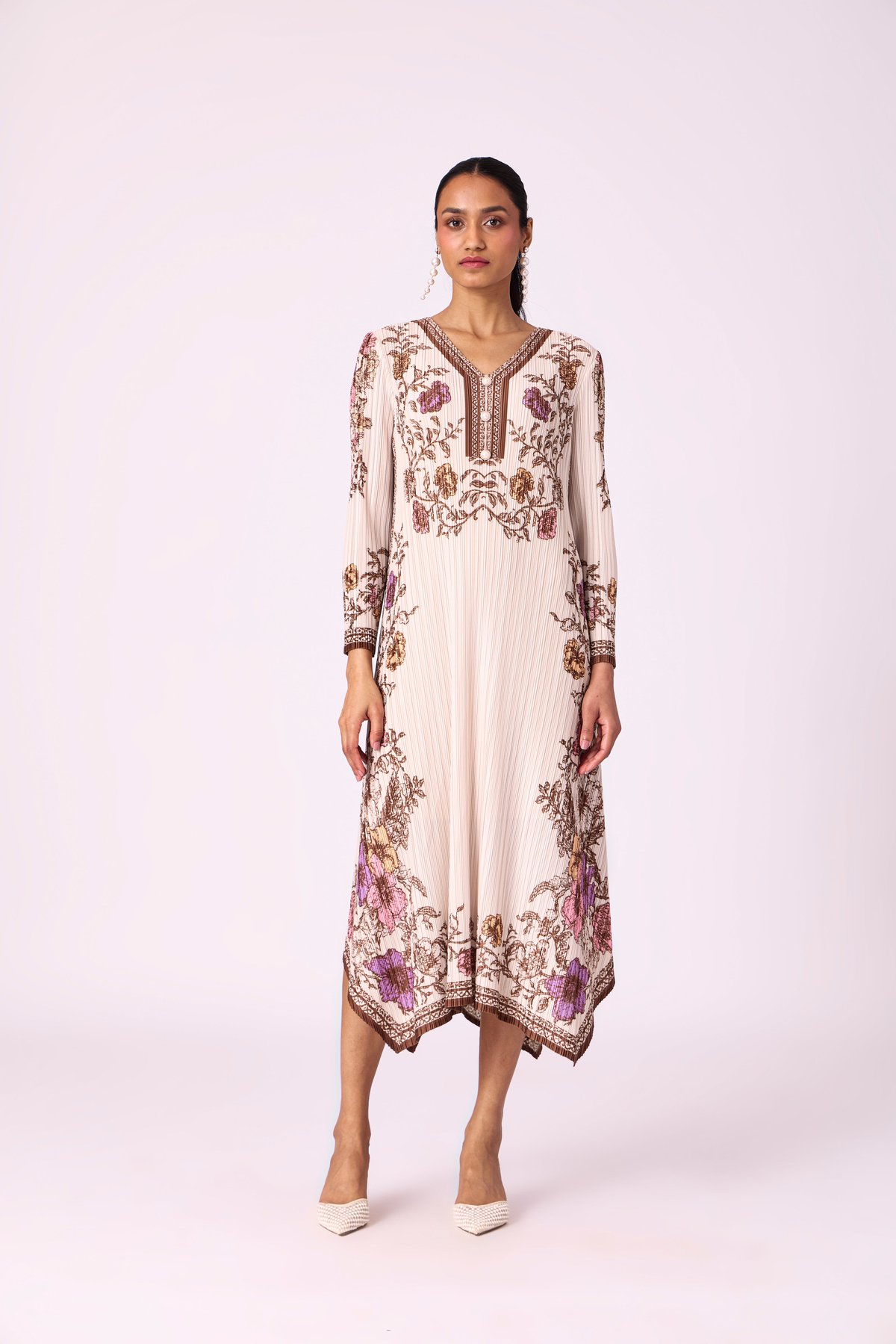 Beige Pleated Floral Midi Dress with V-Neck Placket