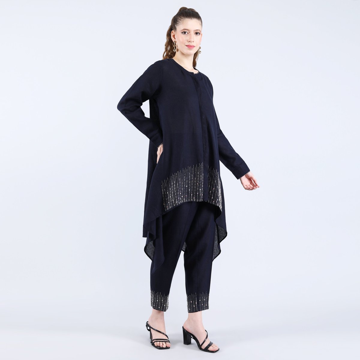 Navy Linen Hand-Embroidered Tunic and Pants Co-ord Set