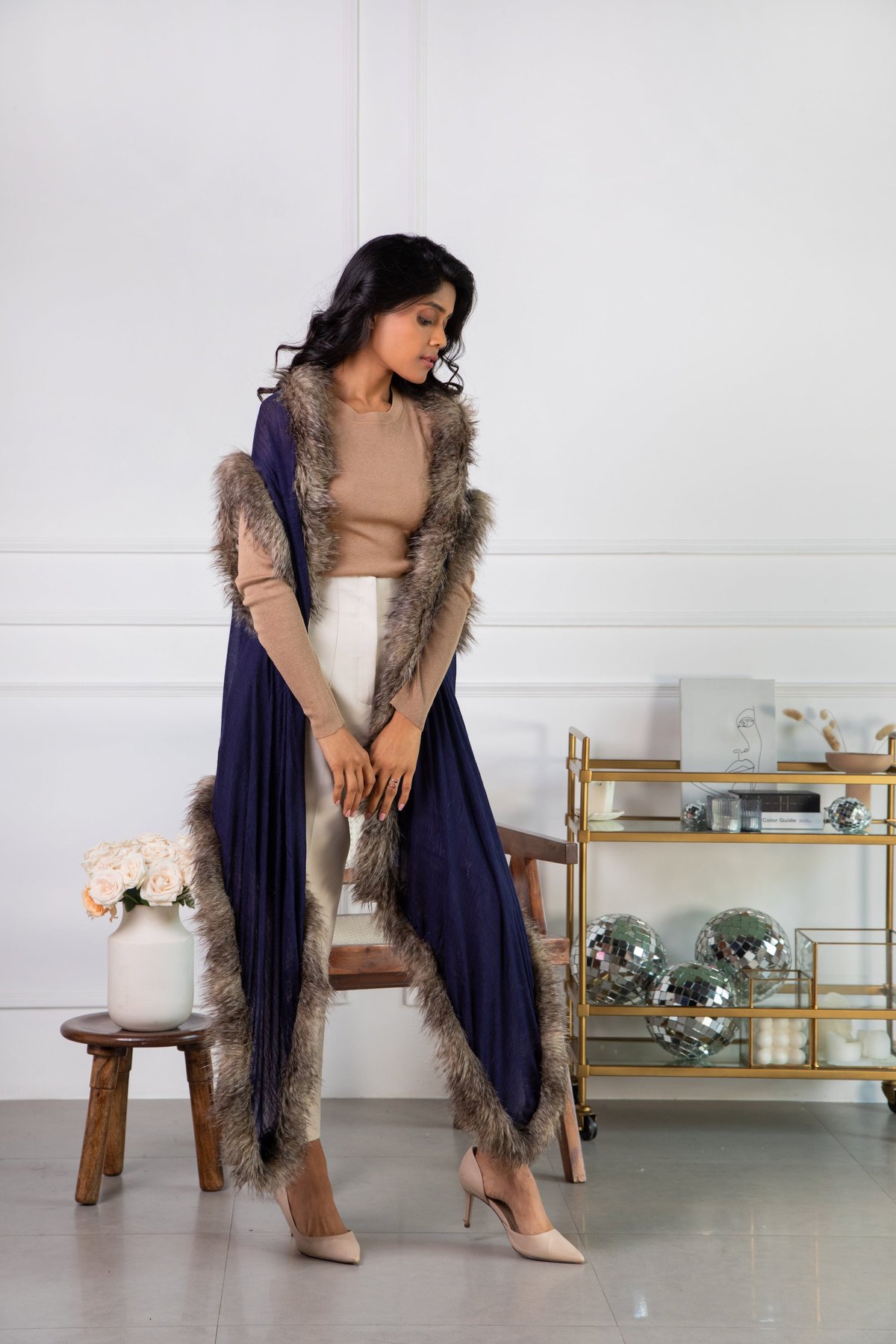 Ink Blue Wool Cape with Faux Fur Trim