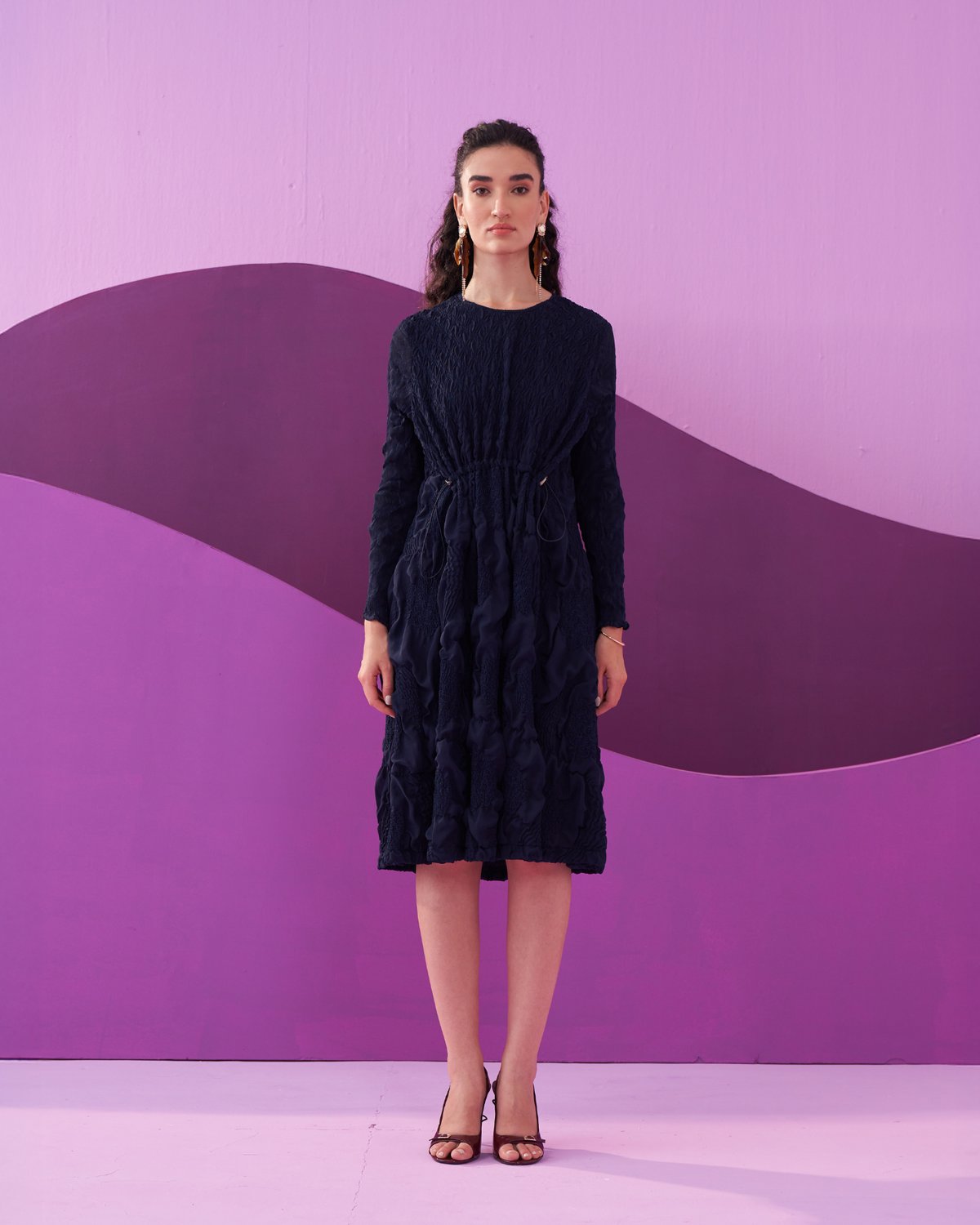 Blue Crushed-Texture A-Line Knee-Length Dress