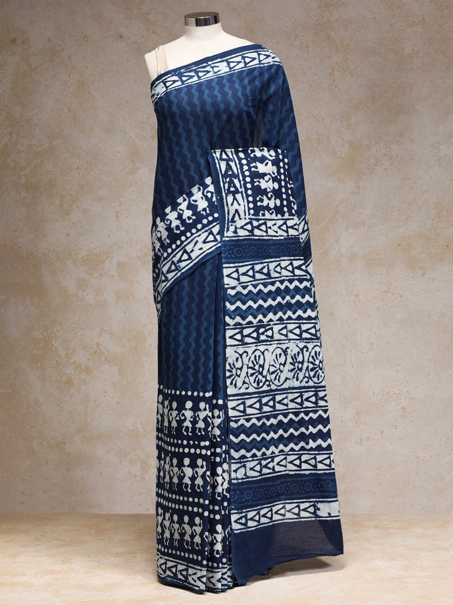 Indigo Blue Handblock Printed Tribal Motif Mulmul