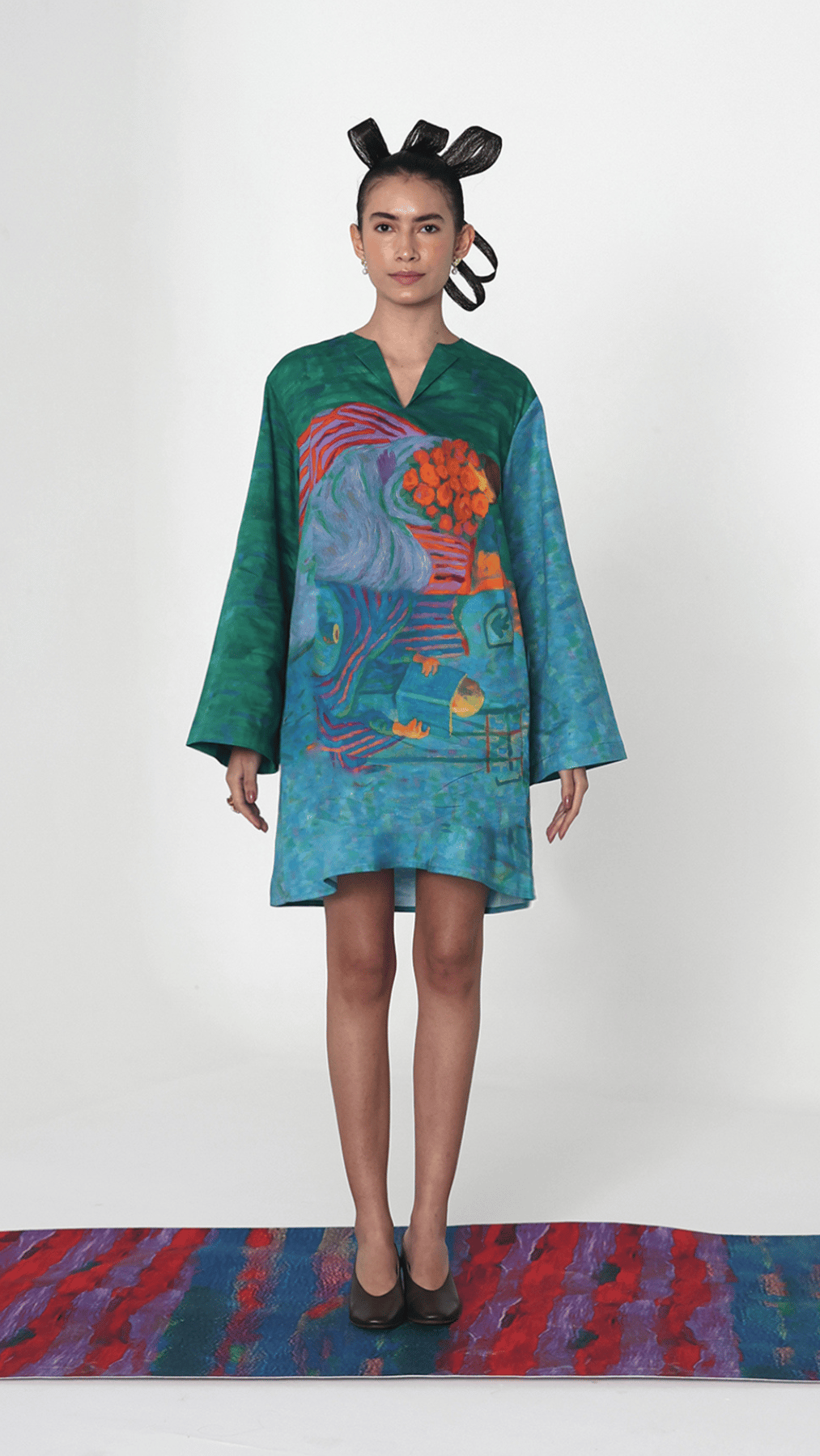 Green/Blue Cotton Satin Art Print A-Line Mini Dress