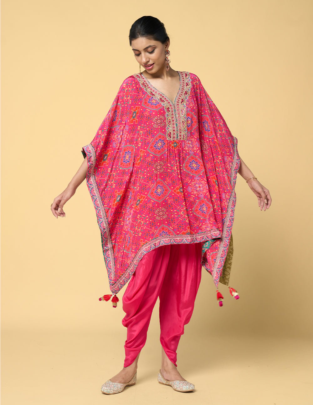 Pink Printed Kaftan Kurta Set with Dhoti Pants