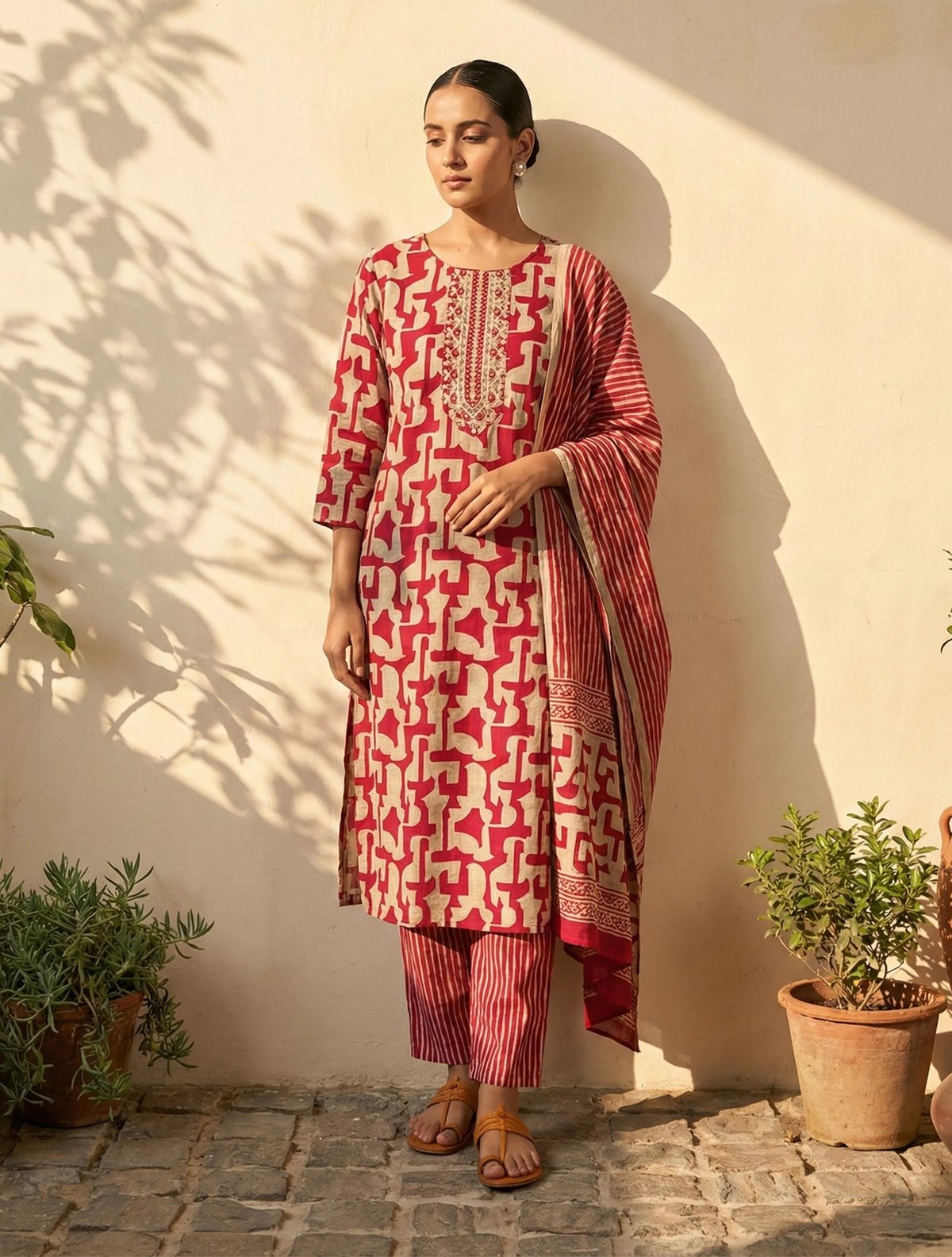 Abstract Print Embroidered Kurta Pant Dupatta Set