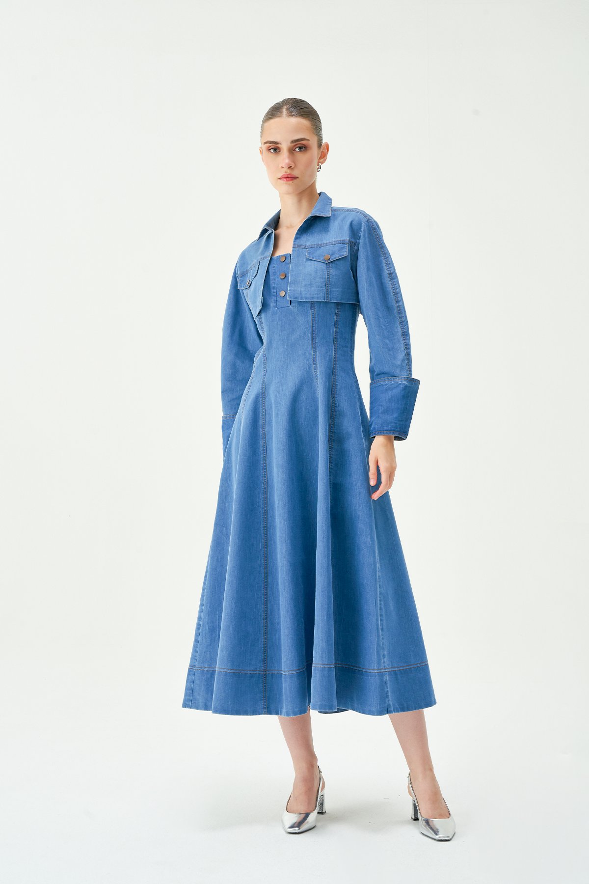 Blue Denim Fit and Flare Midi Dress with Square Neck