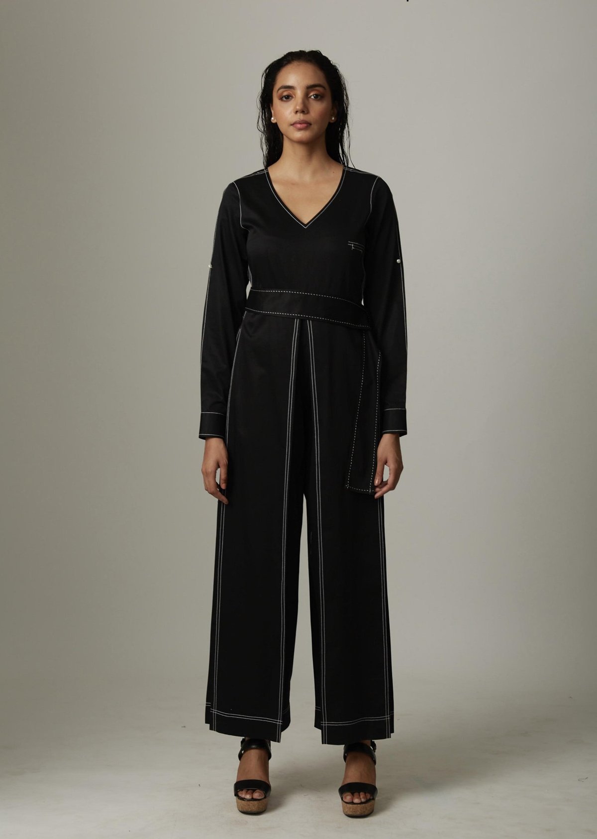 Black Cotton Satin V-Neck Wide-Leg Jumpsuit with Belt