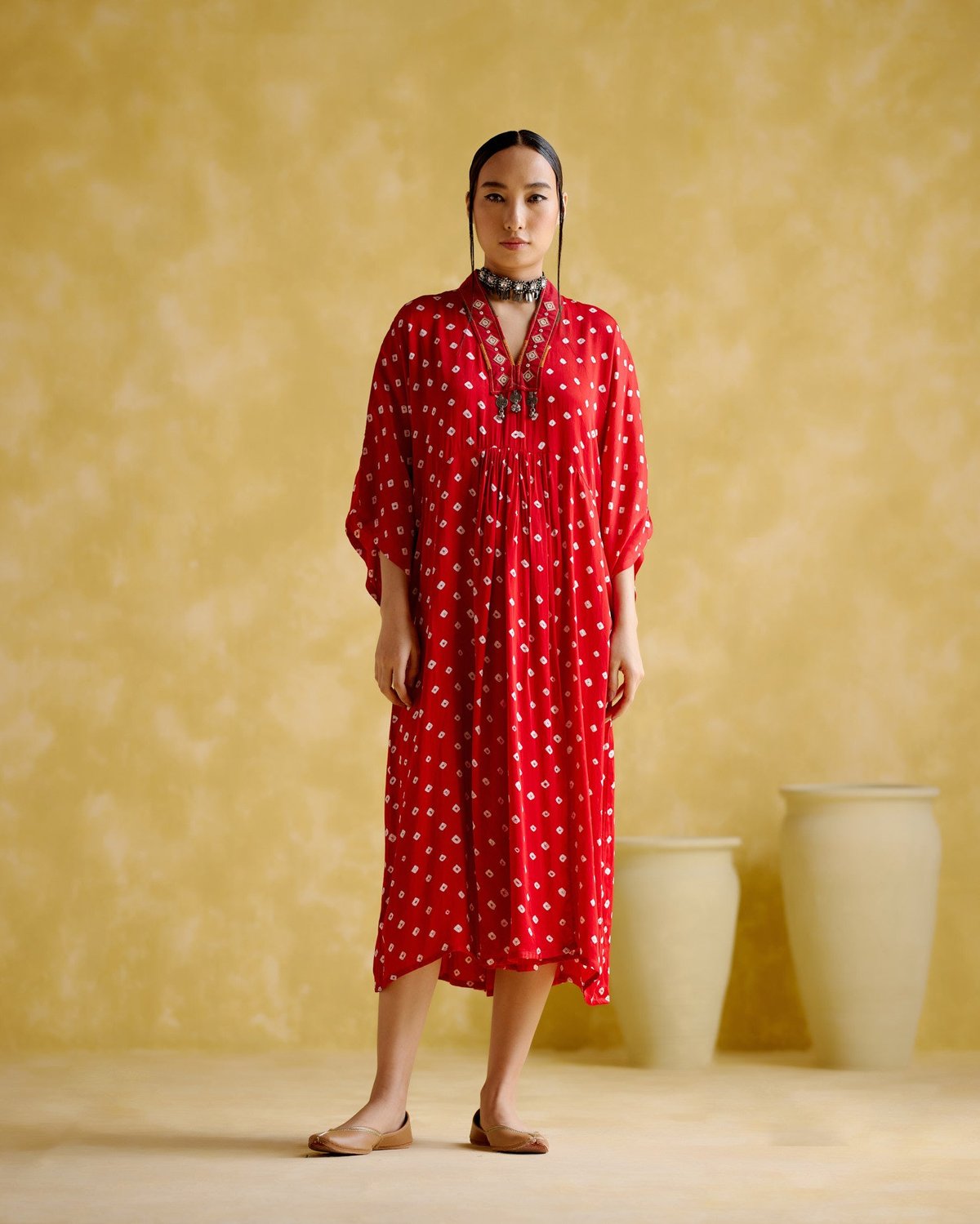 Red Bandhani Kaftan with Mirror Work V-Neck