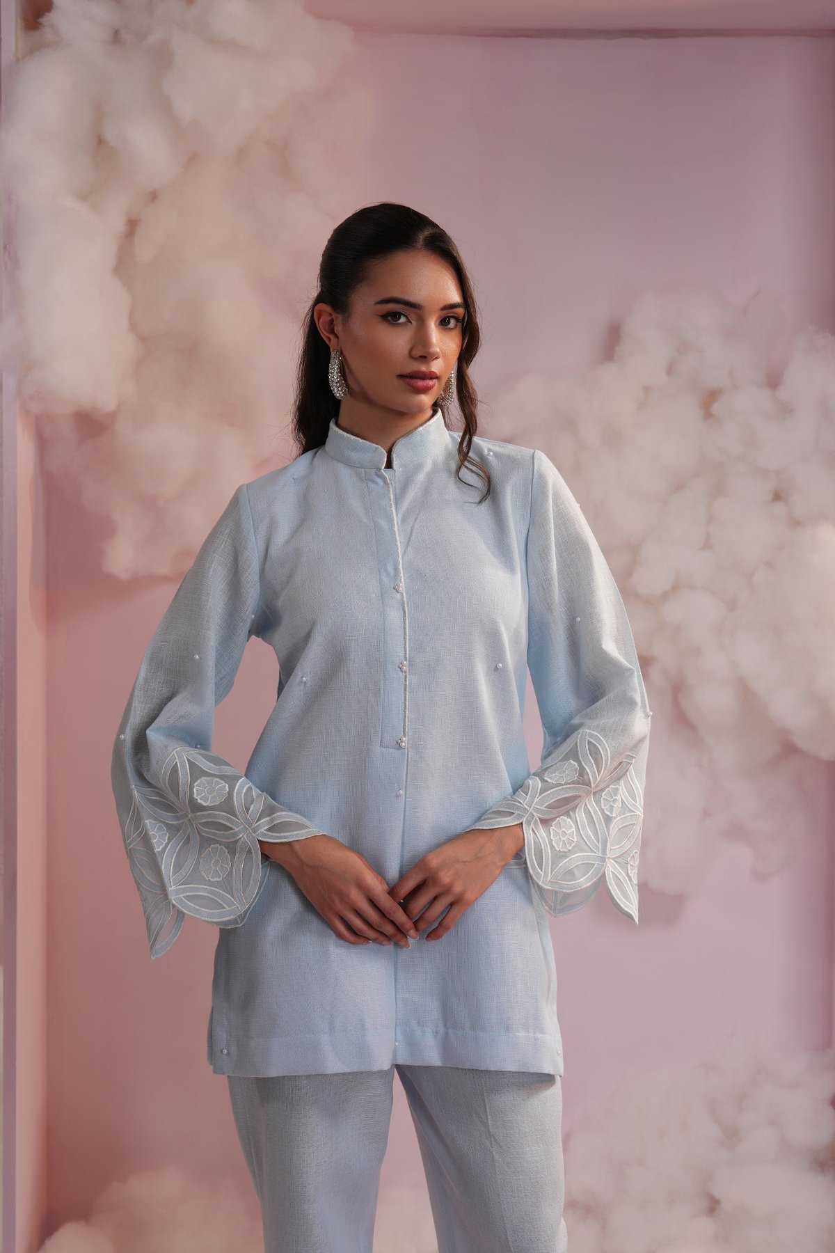 Powder Blue Linen Co-ord Set with Bell Sleeve Embroidery
