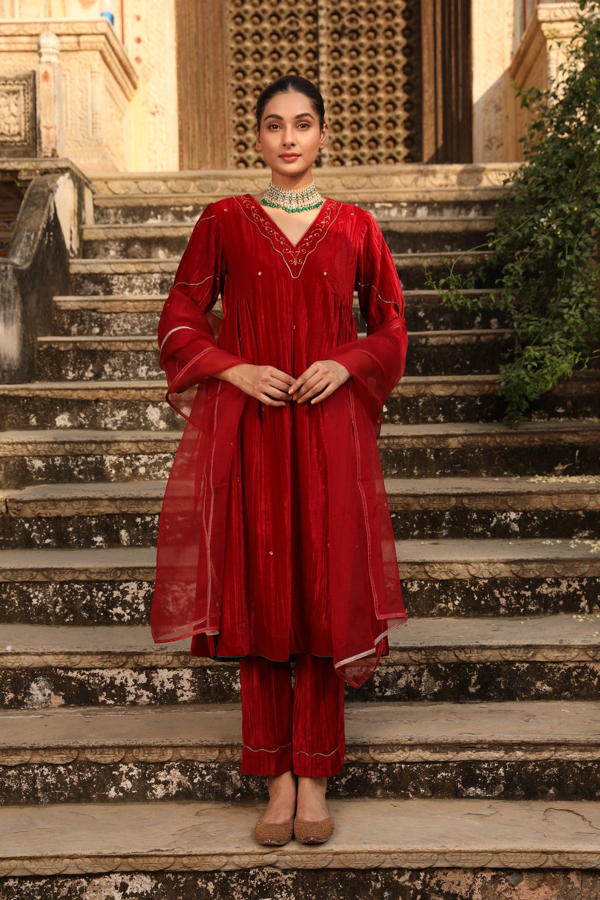 Maroon Velvet Hand-Embroidered Side-Gathered Kurta Set