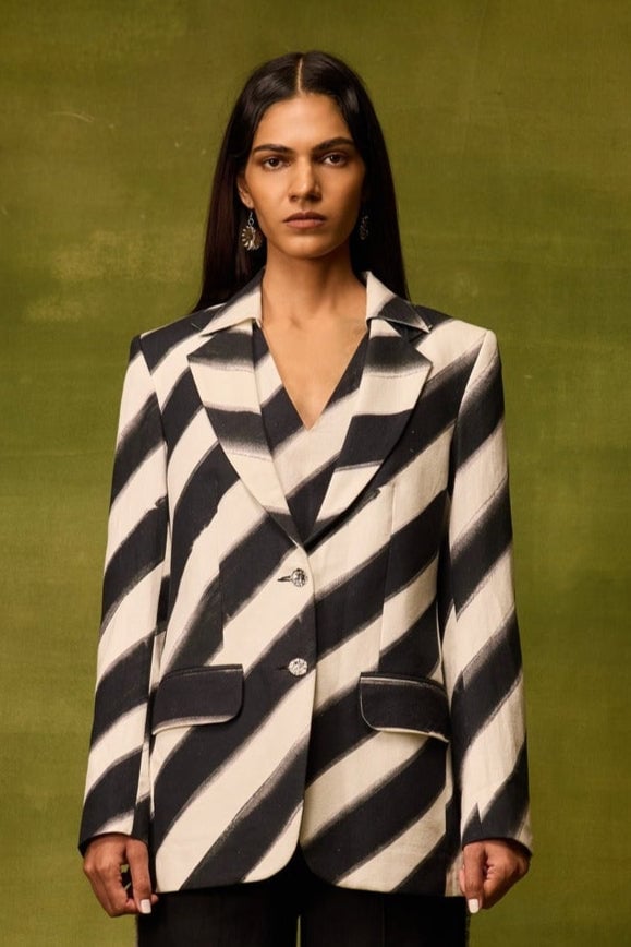 Black and White Diagonal Stripe Linen Blazer