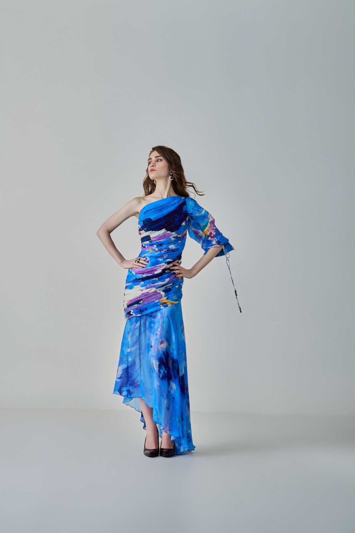 Blue One-Shoulder Printed Maxi Gown with Asymmetric Hem