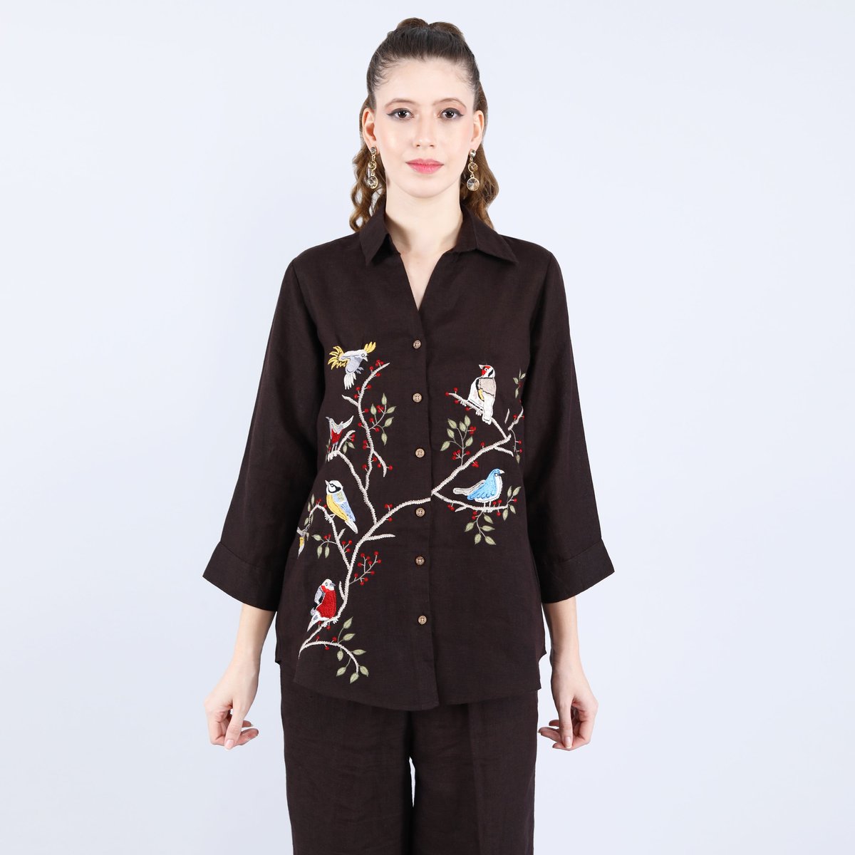 Choco Linen Bird Embroidered Button-Down Shirt