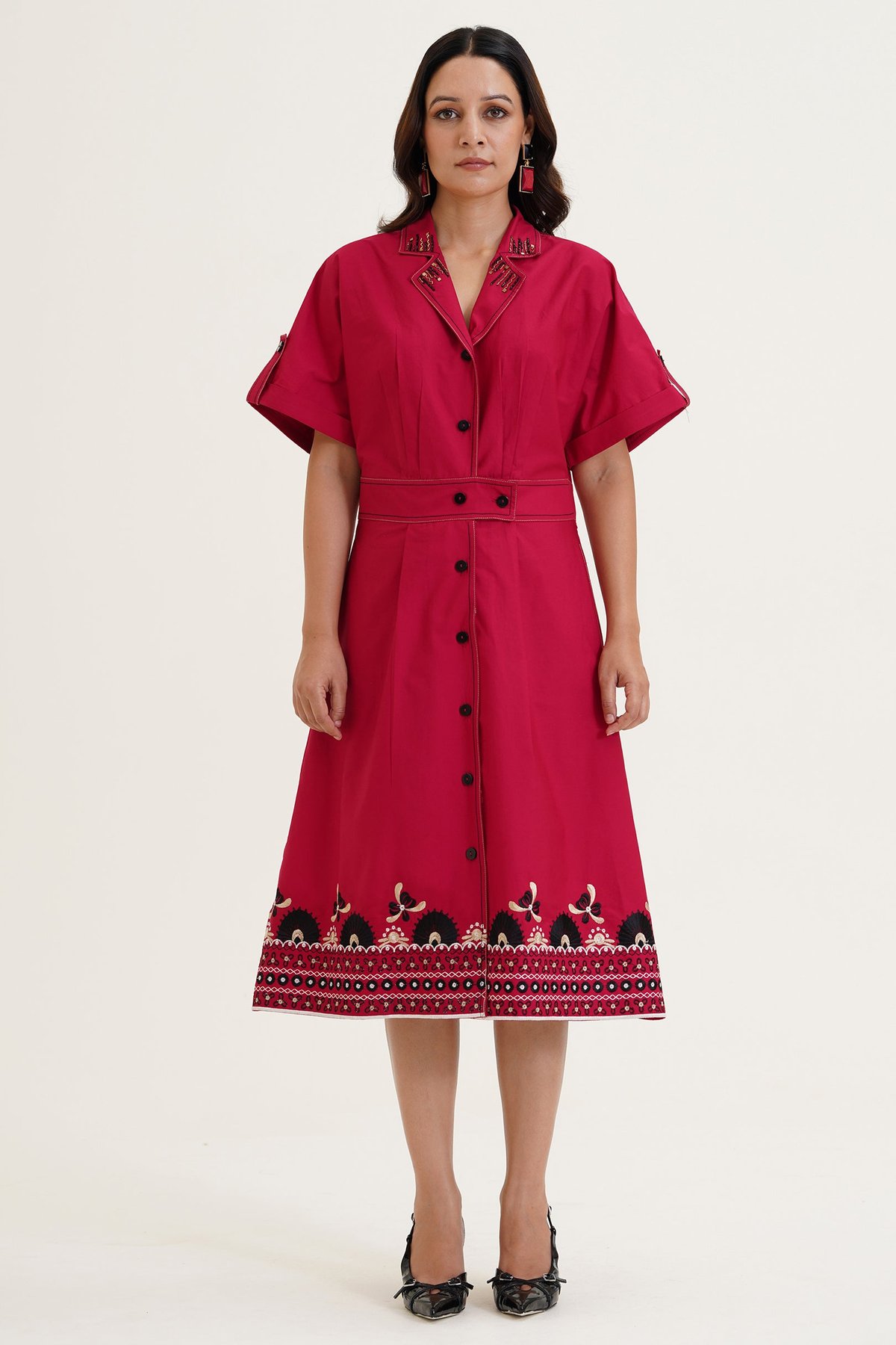 Red Cotton Midi Shirt Dress with Embroidered Hem