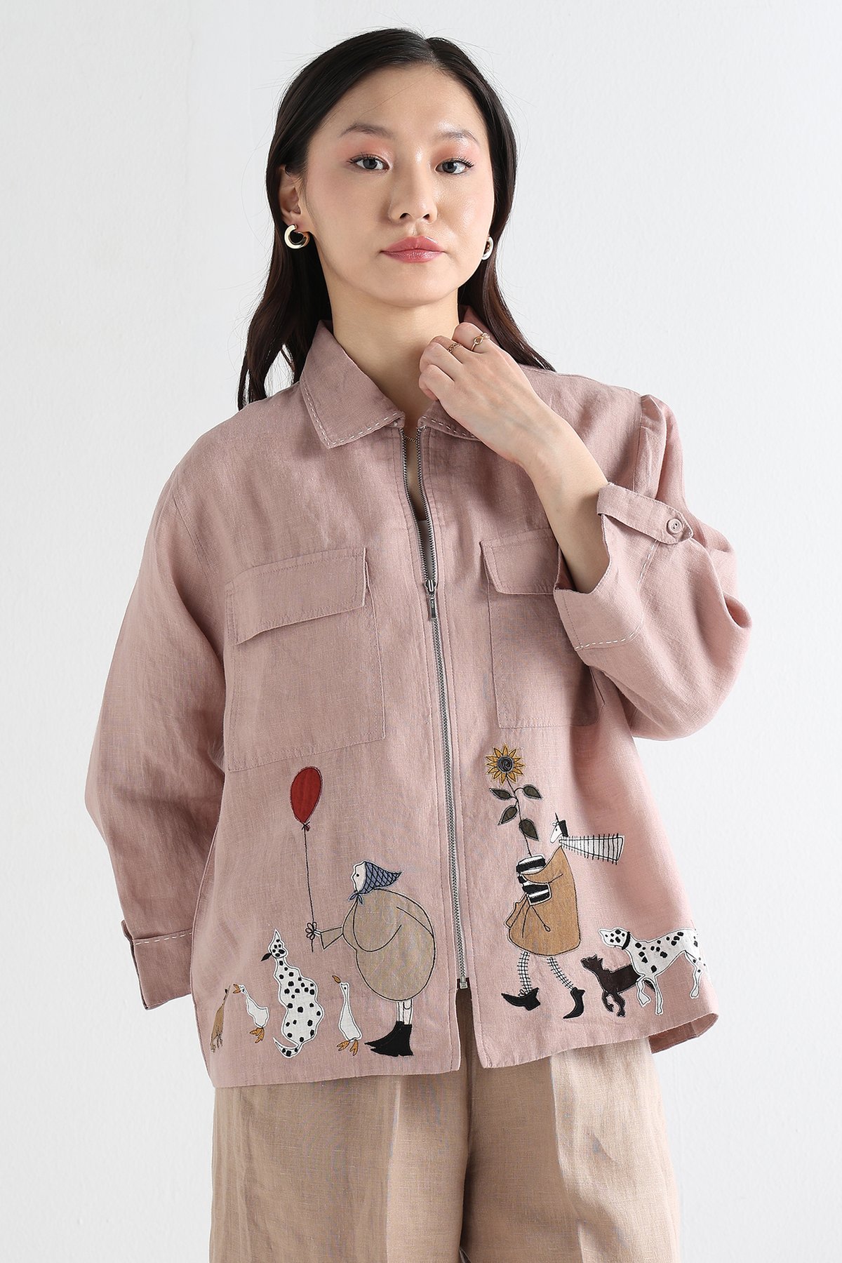 Pink Linen Zip-Front Jacket with Embroidered Motifs