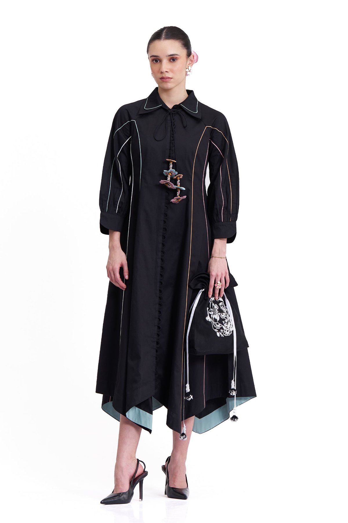 Black Cotton Twill A-Line Midi Shirt Dress