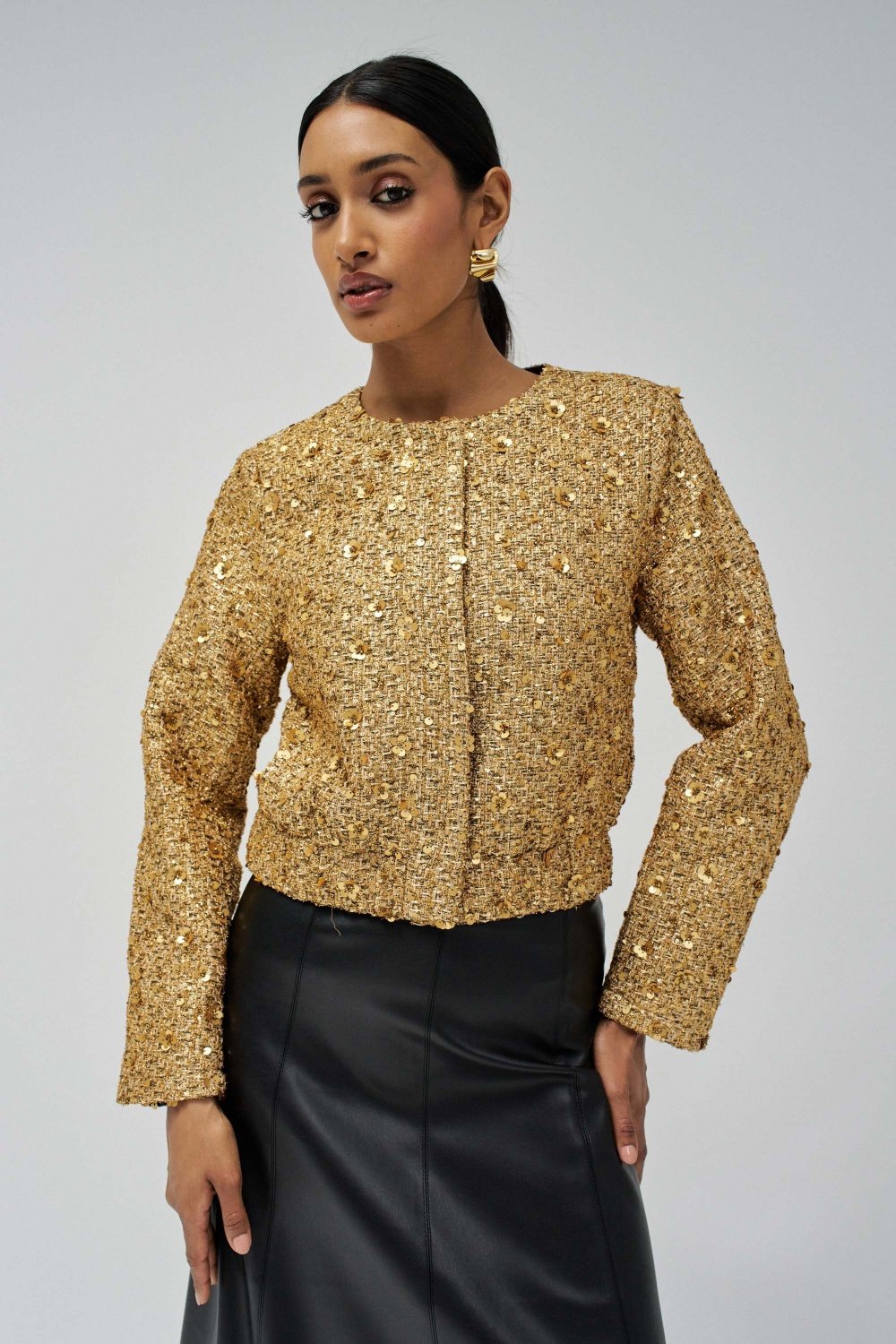 Gold Sequin Cropped Jacket with Round Neck