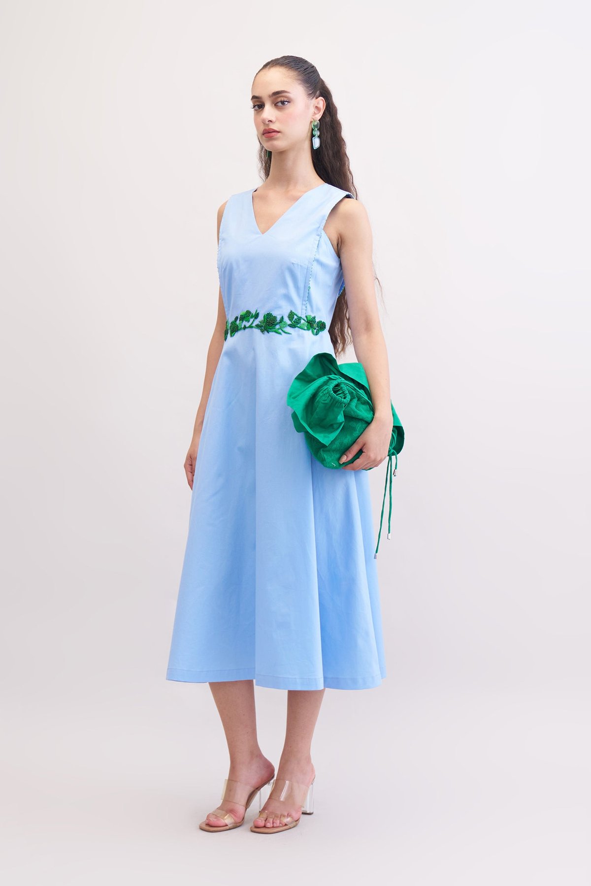 Blueberry Cotton Twill A-Line Midi Dress with Waist Embroidery