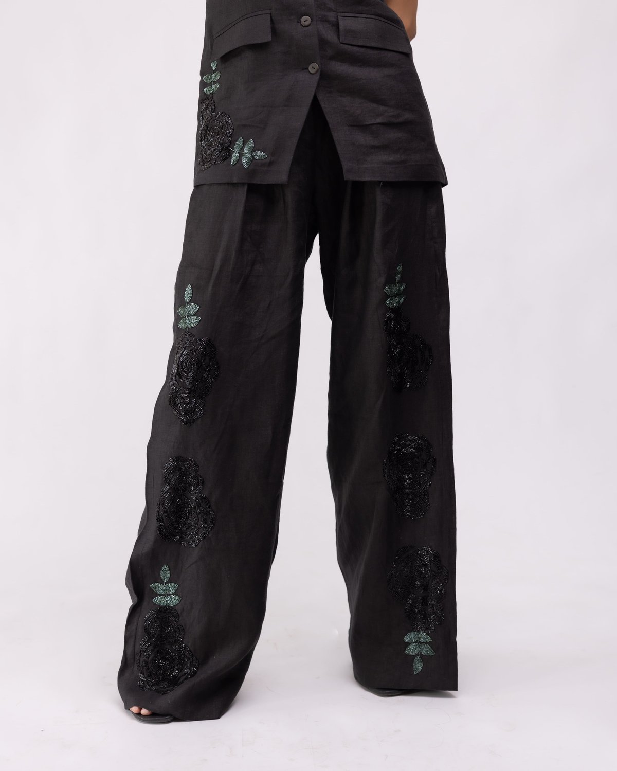 Black High-Waisted Wide-Leg Linen Trousers with Embroidery