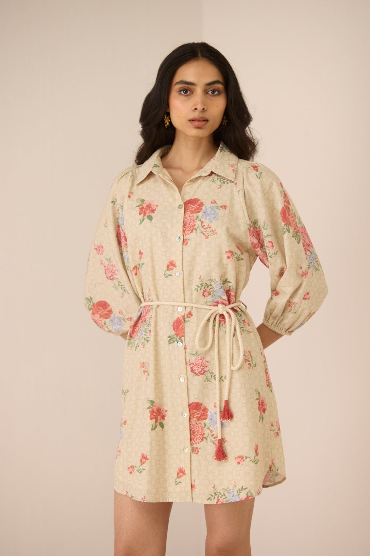 Garden Trellis Floral Cotton Linen Mini Shirt Dress