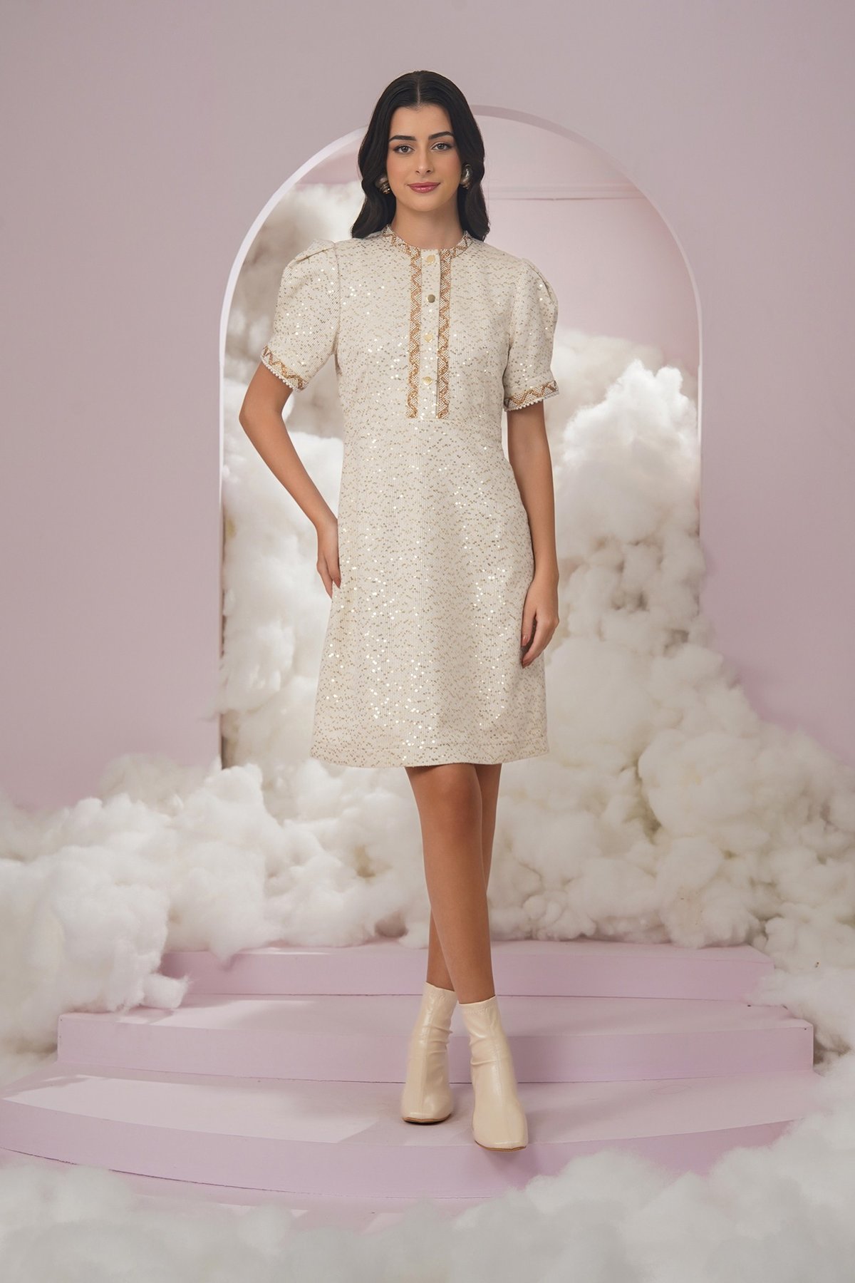 White Sequin Tweed Knee-Length A-Line Dress
