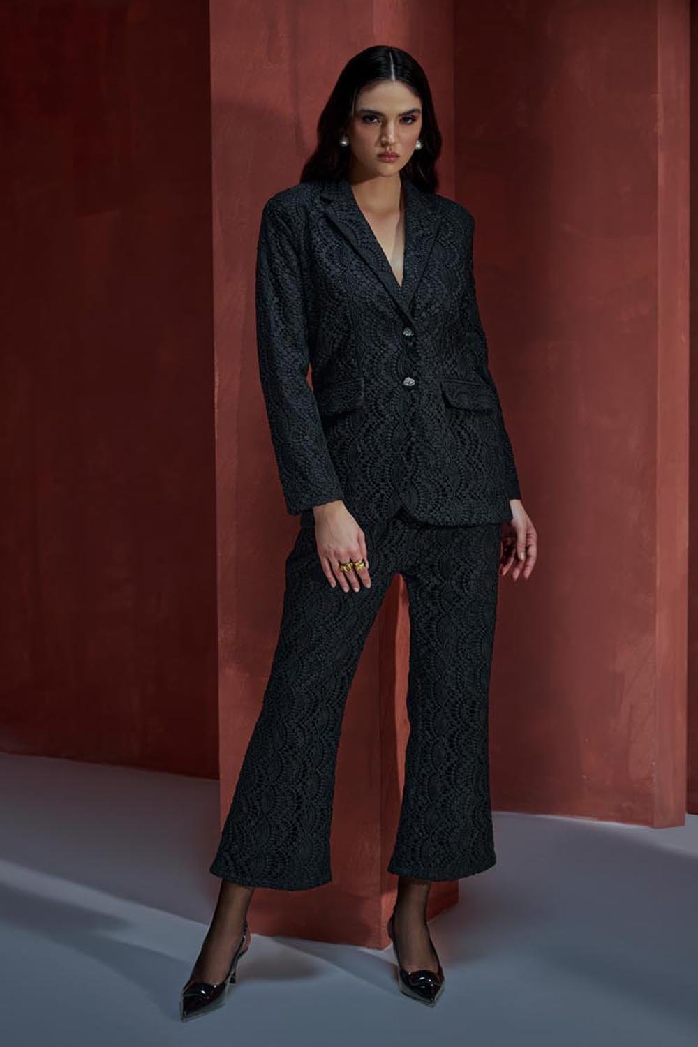 Black Lace Blazer and Wide-Leg Pants Co-ord Set