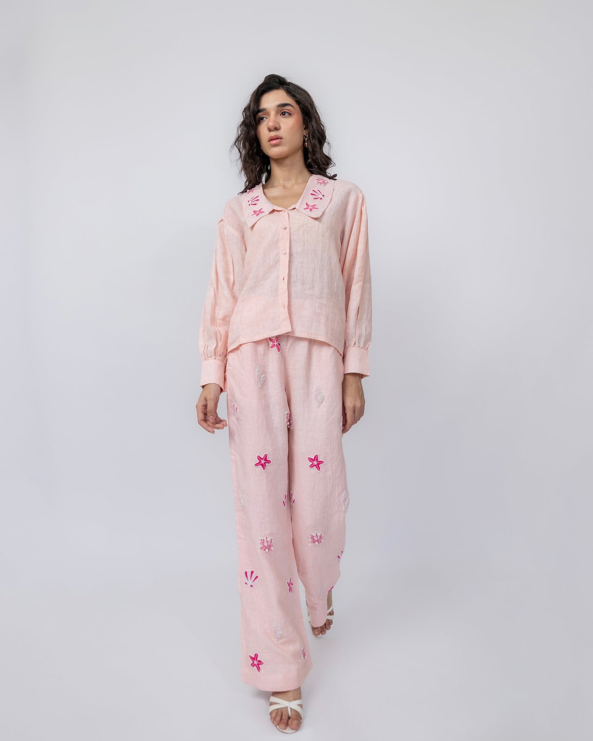 Peach Linen High-Waist Wide-Leg Hand-Beaded Trousers