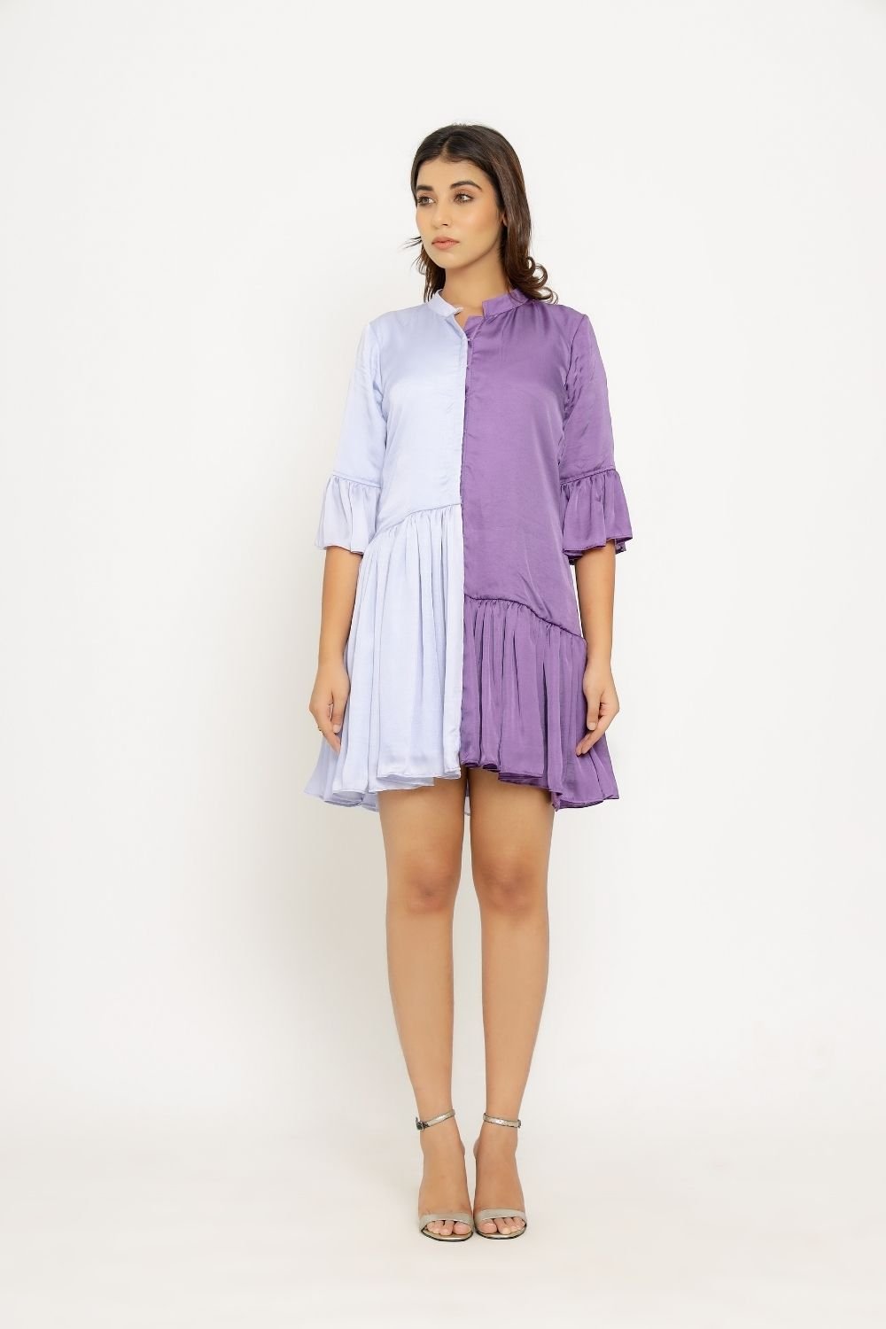 Purple and Lilac Half-and-Half Mini Dress with Bell Sleeves