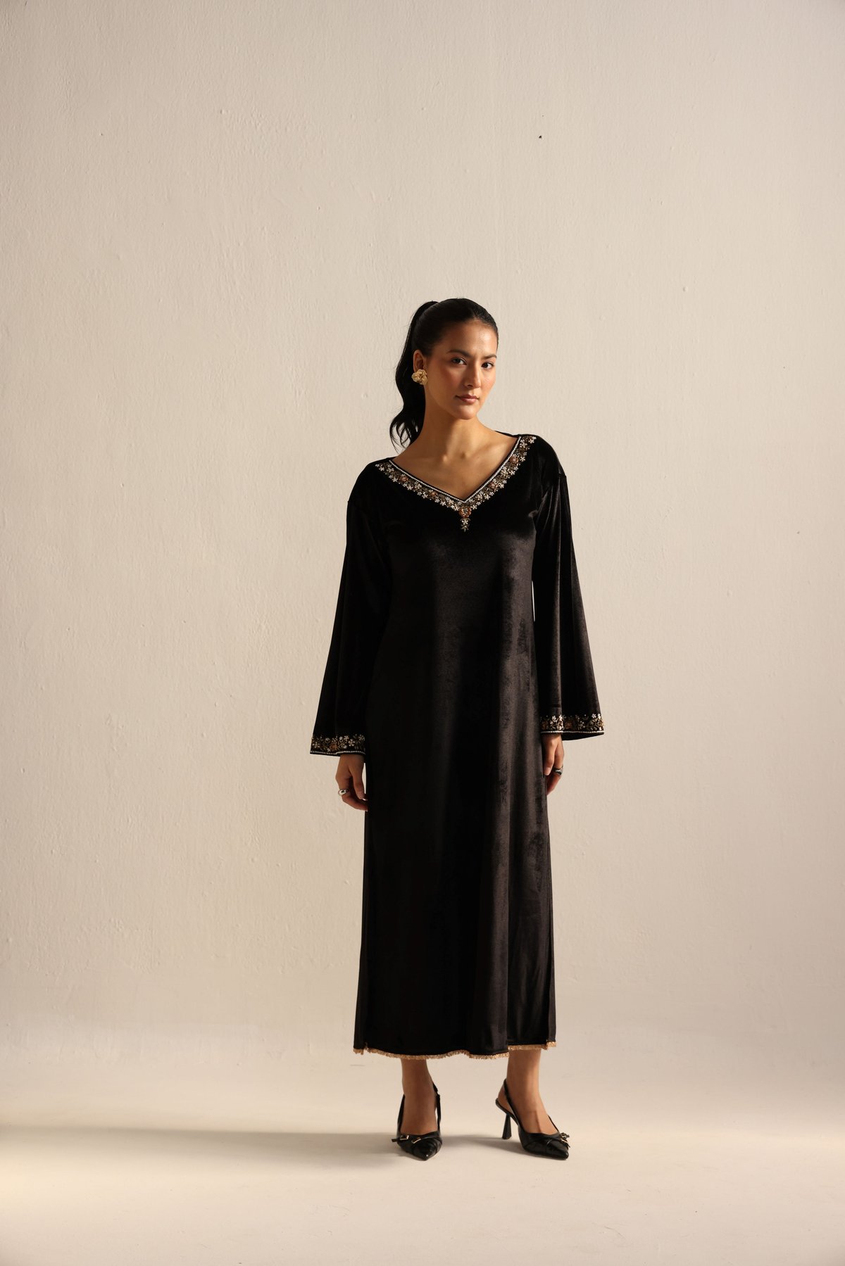 Black Velvet V-Neck Embroidered Kaftan Kurta