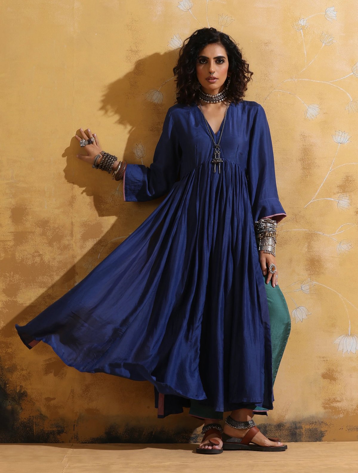 Blue Muslin Silk Anarkali Kurta Pant Set
