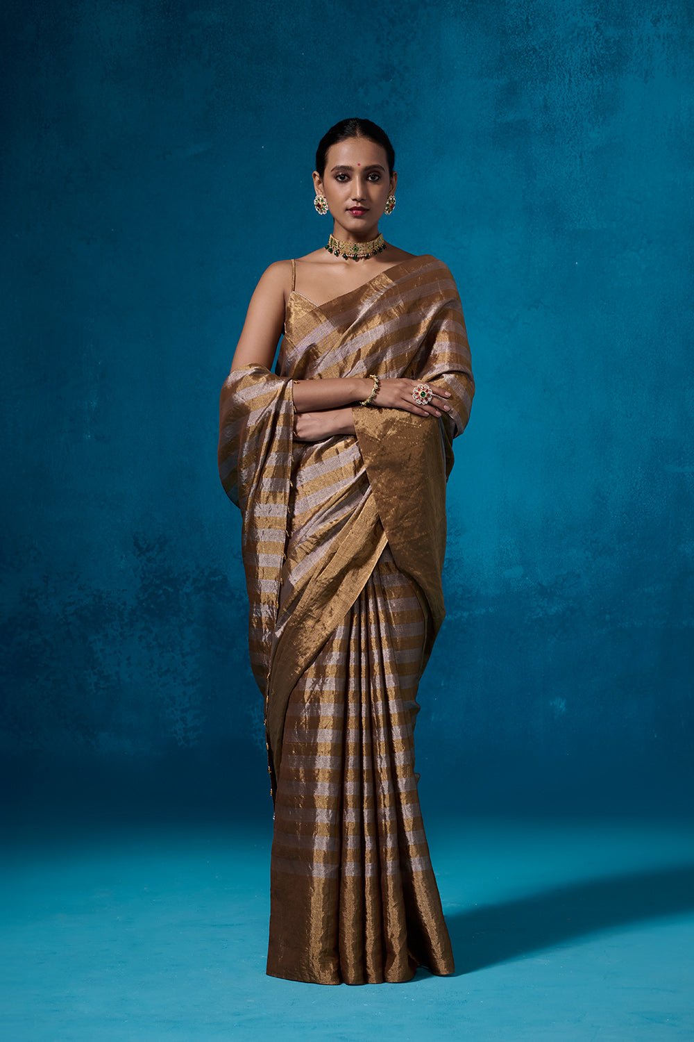 Gold and Silver Striped Metallic Tissue Saree