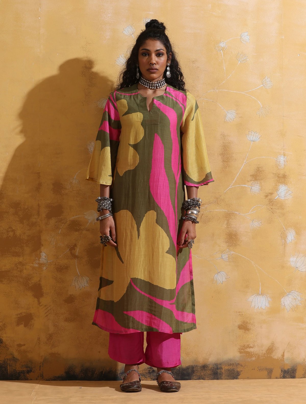 Green Pink Floral Muslin Silk High-Slit Kurta Set